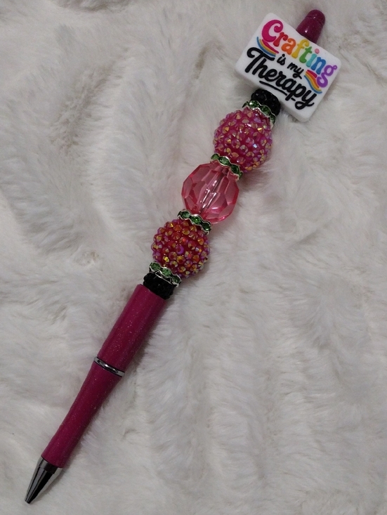 Handcrafted Other - Pink Beaded Decorative Tall Pen - "Crafting is my Therapy" Topper